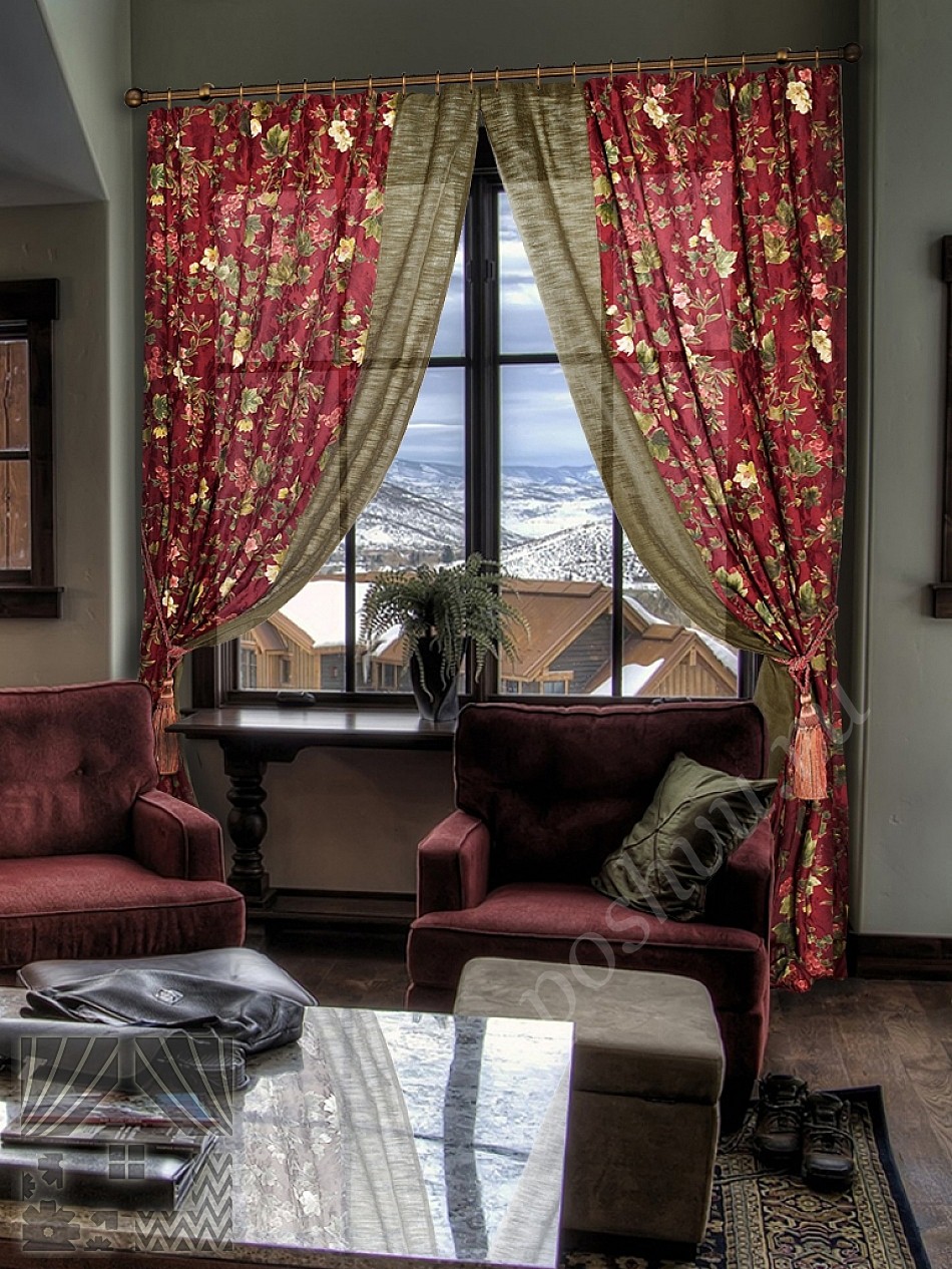 Изысканный комплект готовых штор вишневого цвета с флористическим узором для гостиной или спальни
