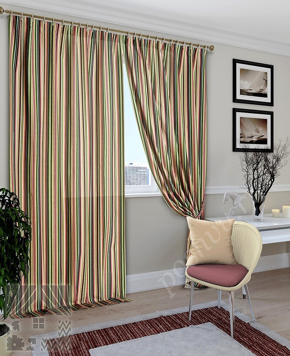 Комплект готовых штор в мелкую вертикальную разноцветную полоску для гостиной или кабинета