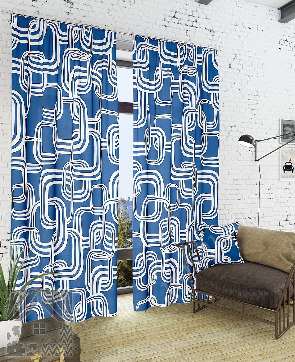 Современный комплект готовых штор синего цвета с геометрическим принтом для гостиной или кабинета