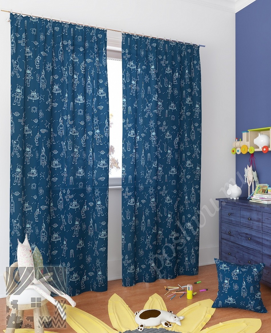 Стильные готовые шторы синего цвета для детской комнаты с принтом на космическую тематику