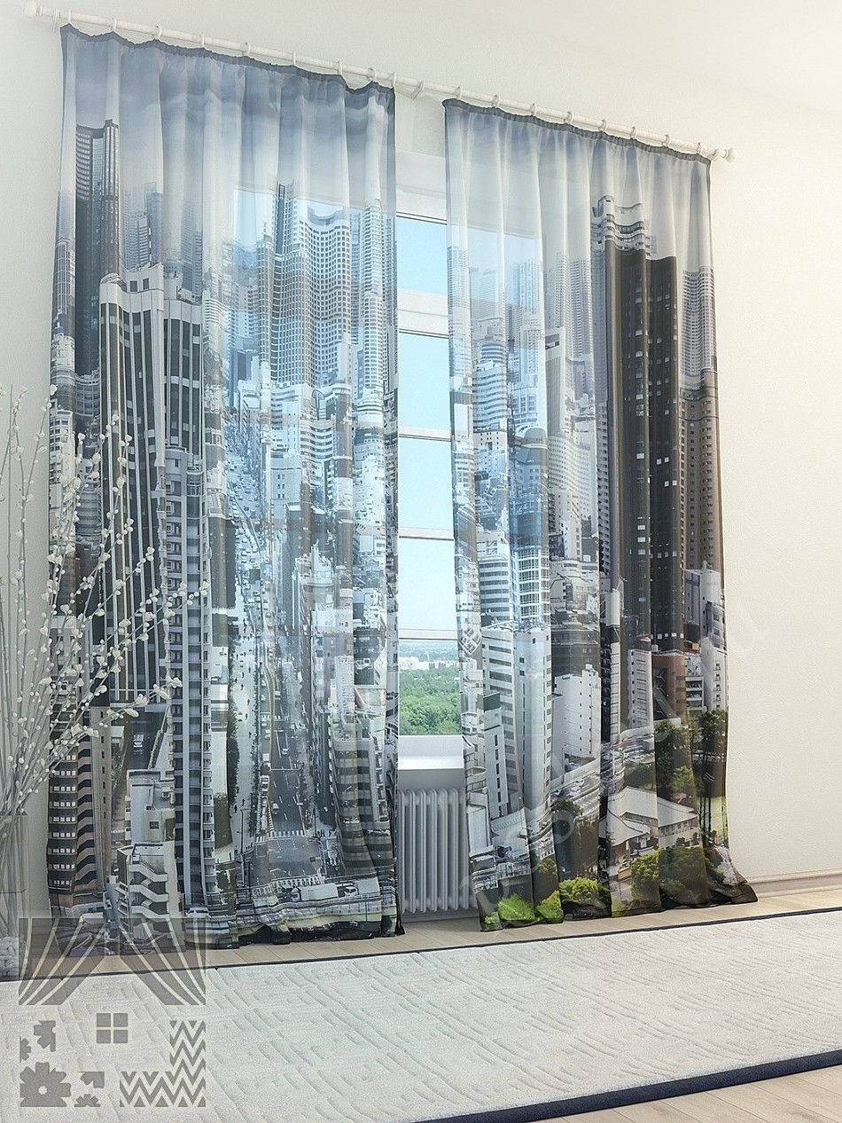 Лаконичный тюль с изображением панорамы мегаполиса для гостиной или кабинета