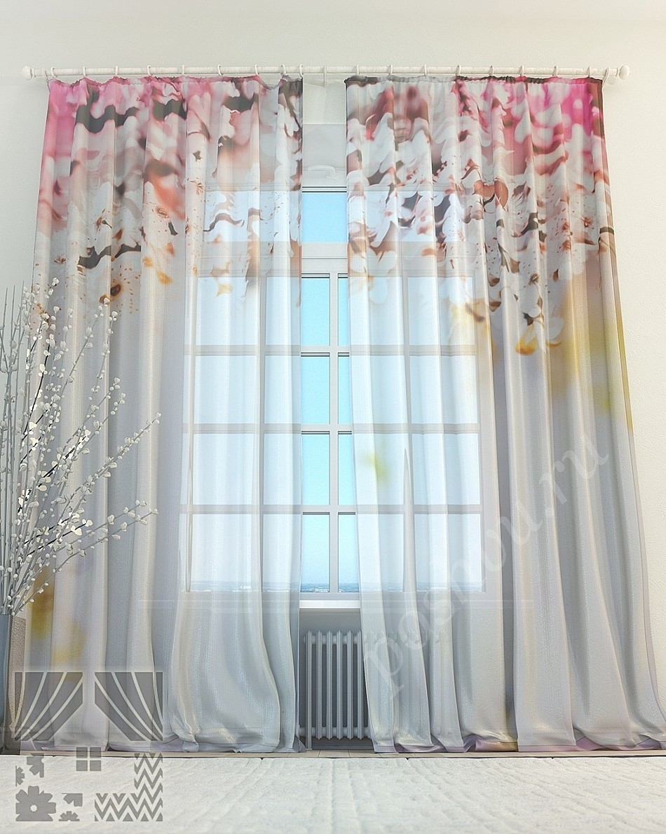 Легкий тюль с изображением цветущих веток яблони для гостиной или спальни