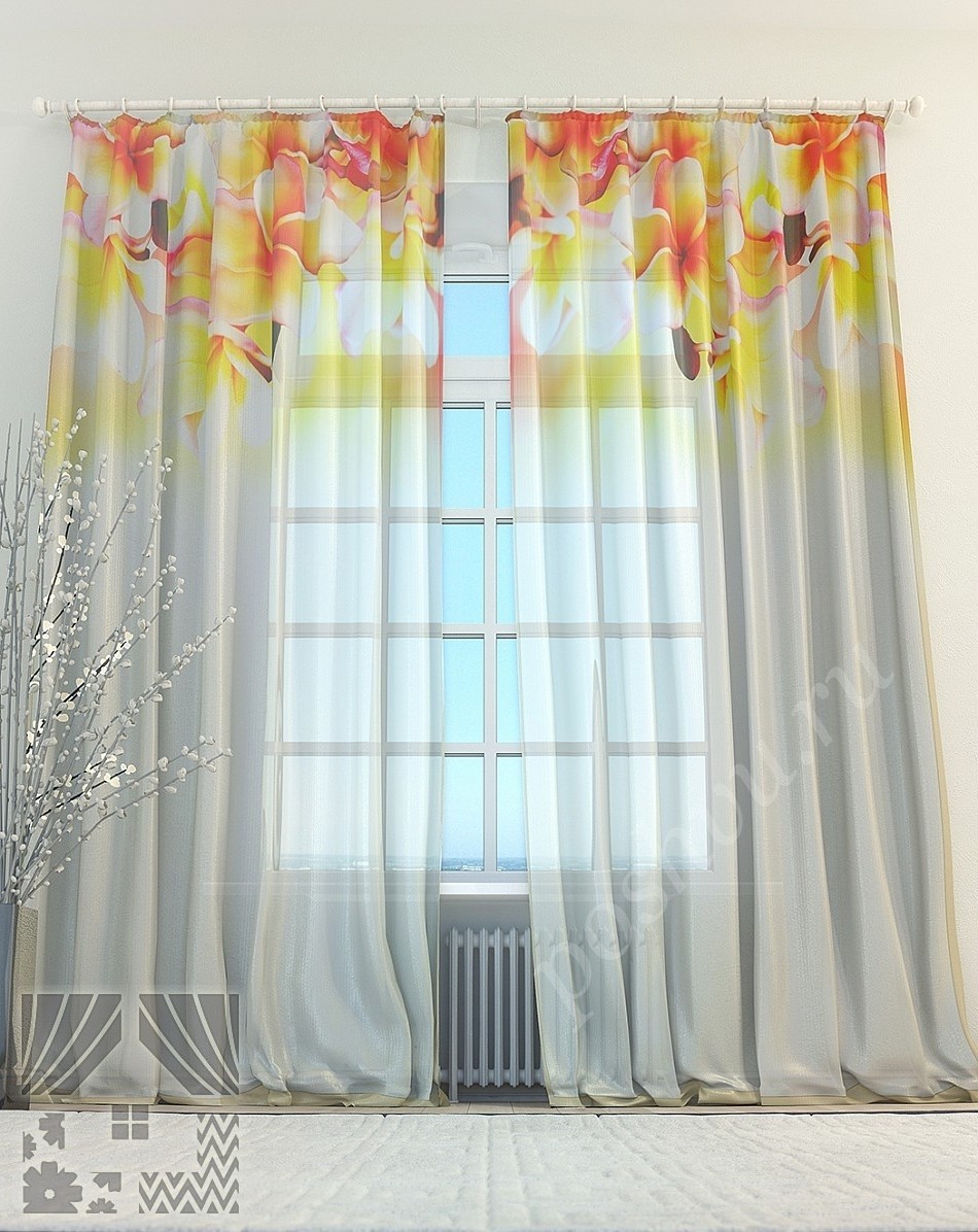 Нарядный тюль с изображением крупных цветов на белом фоне для гостиной или спальни