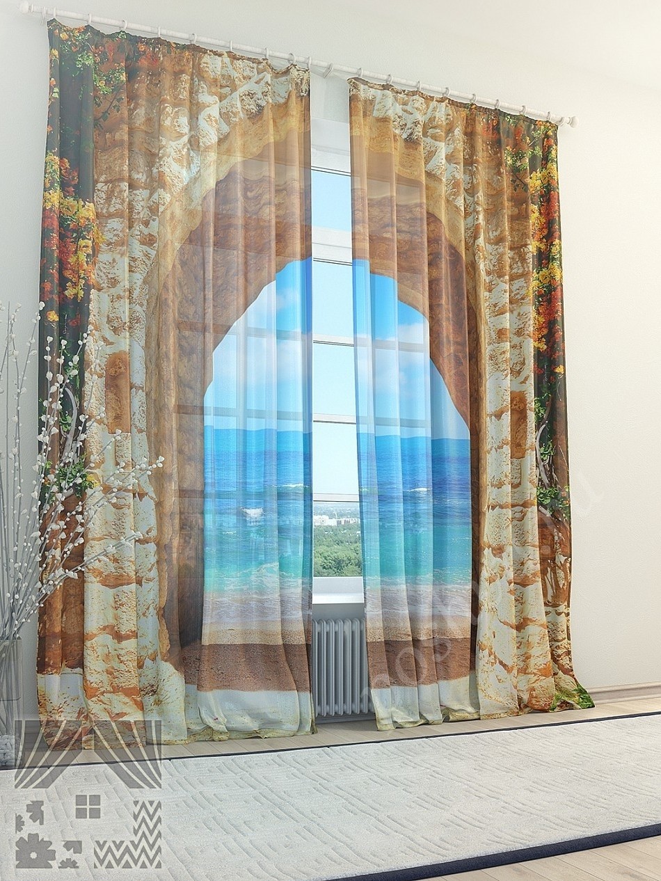 Тюль с изображением старой арки на берегу моря для гостиной или спальни