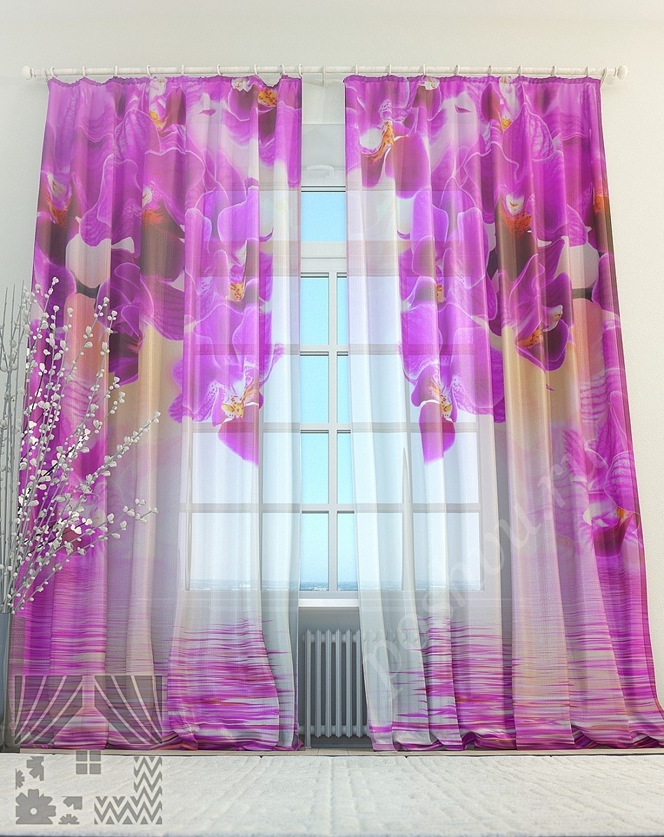 Завораживающий тюль в фиолетовых тонах с изображением орхидей для гостиной или спальни