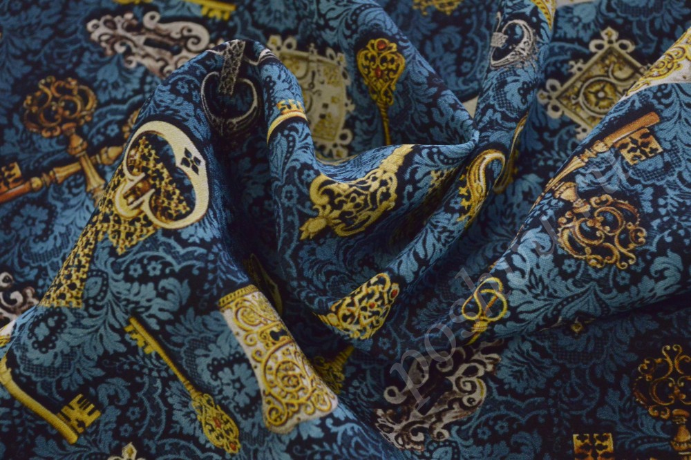 Креповая ткань синего цвета с оригинальным рисунком