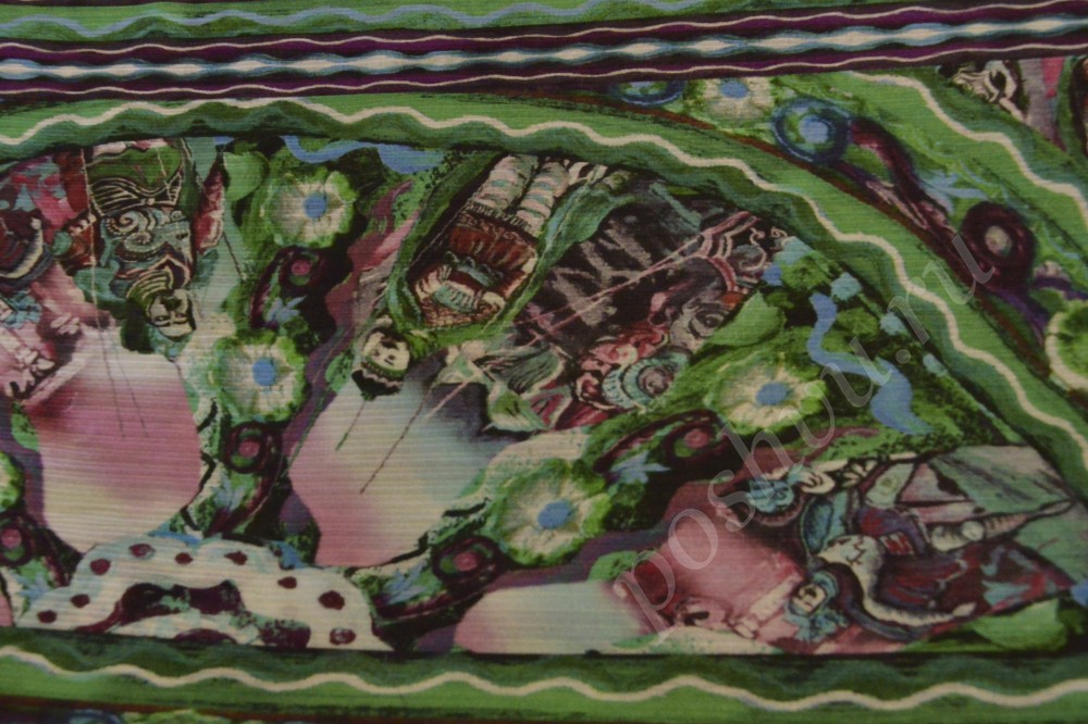 Ткань крепон с завораживающим рисунком в зелёно-бирюзовом и розовом цвете