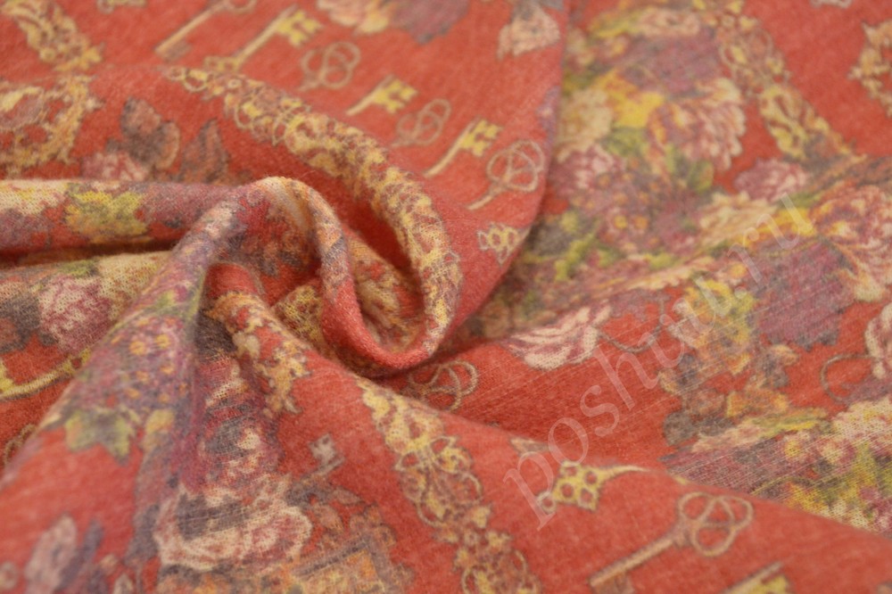 Плательная ткань красного цвета с оригинальным орнаментом