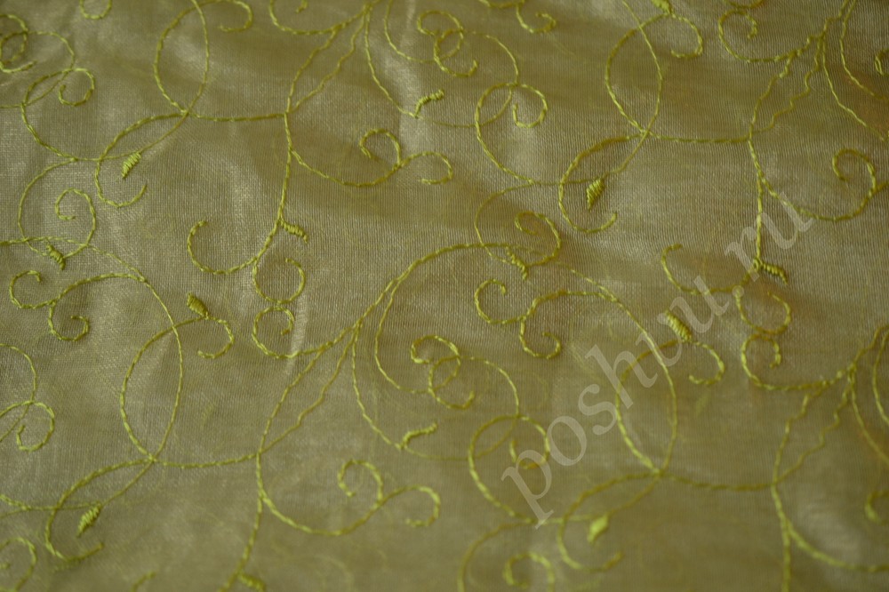 Ткань для штор тюлевая лимонного оттенка с вышивкой