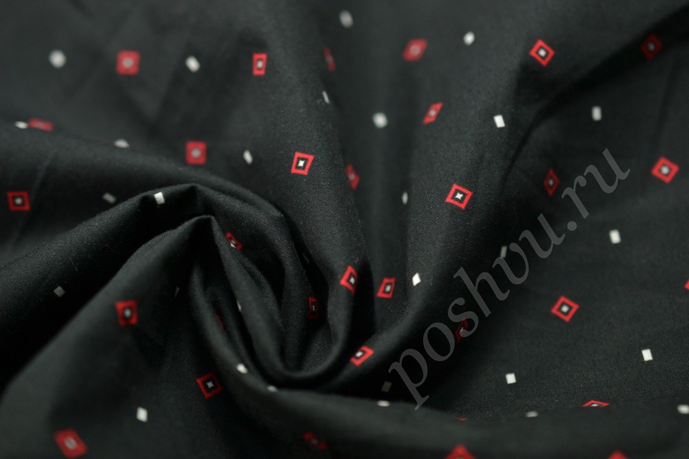 Ткань хлопок плательный черного оттенка в в красно-белые квадратики