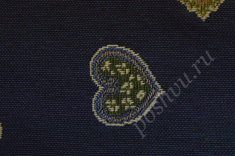 Ткань для штор гобелен темно-синего цвета с узором в виде сердечек