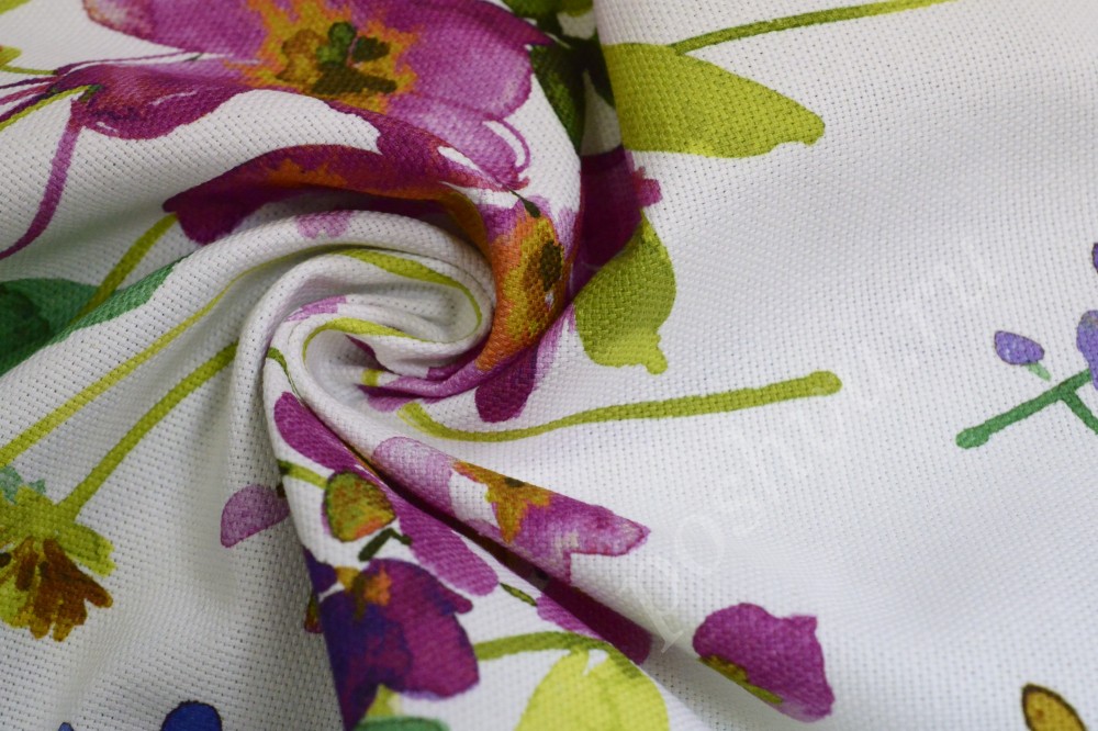 Ткань для штор портьерная белого оттенка в яркие цветы
