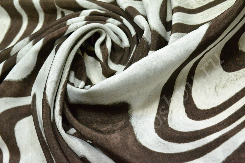Ткань шифон набивной коричнево-белые полосы