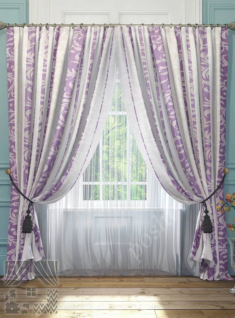 Нежный комплект штор в бело-фиолетовых тонах с вуалью