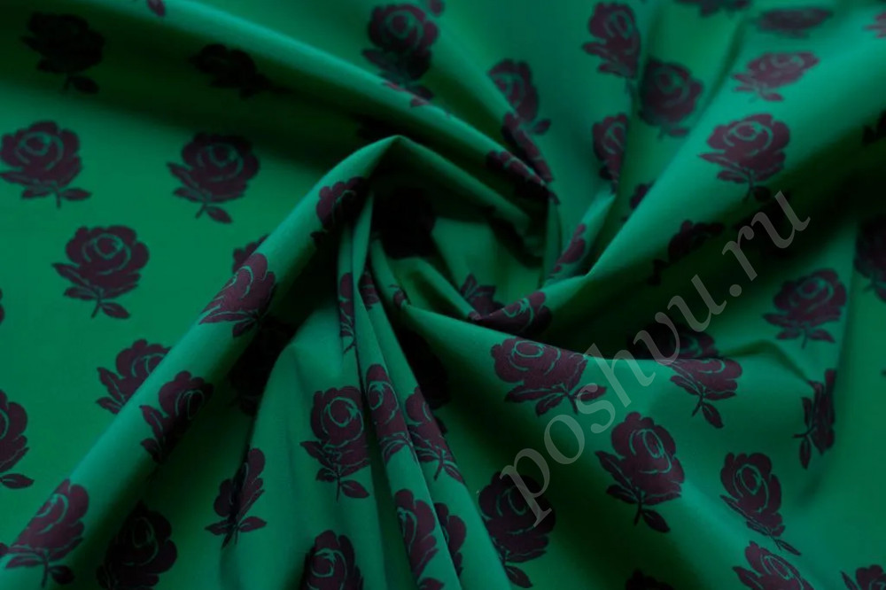 Плащевая ткань с рисунком "Розочки" на зеленом фоне