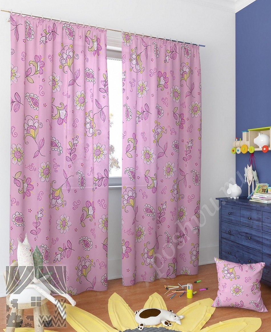 Романтичный комплект готовых штор для детской комнаты с флористическим принтом