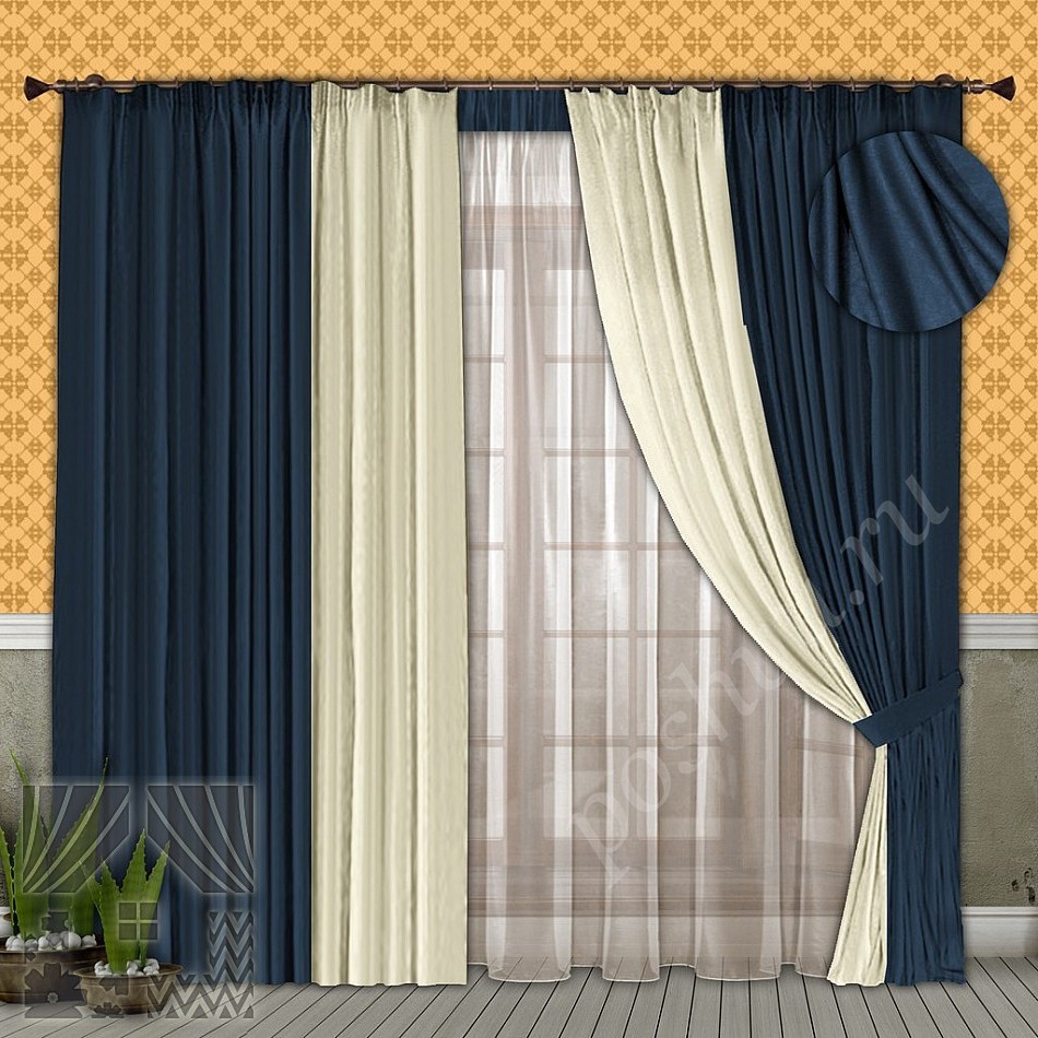 Стильный комплект готовых штор в сине-бежевых тонах для гостиной или спальни