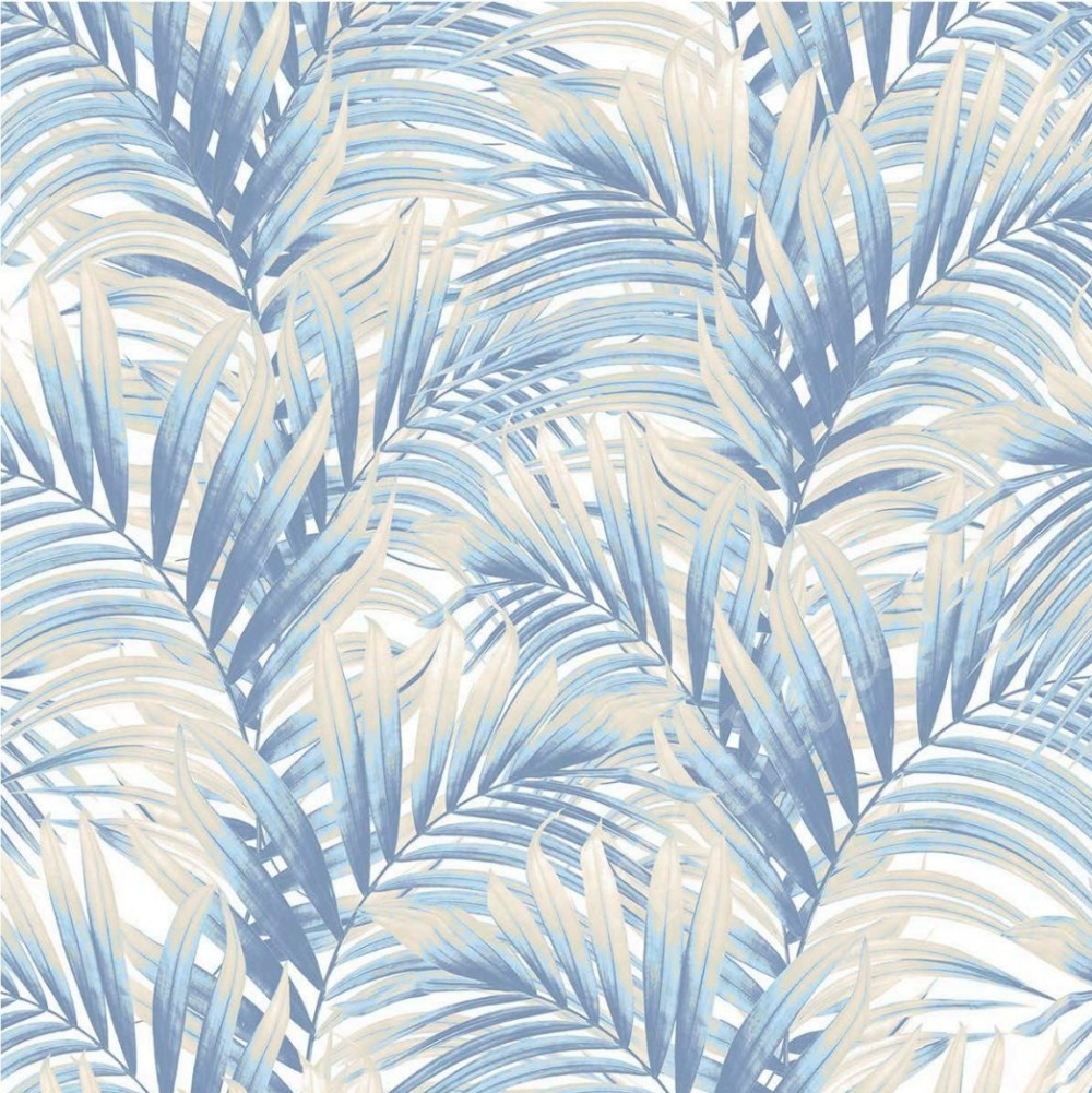 Портьерная ткань рогожка RAINFOREST пальмовые листья бежево-голубого цвета (раппорт 64х67см)