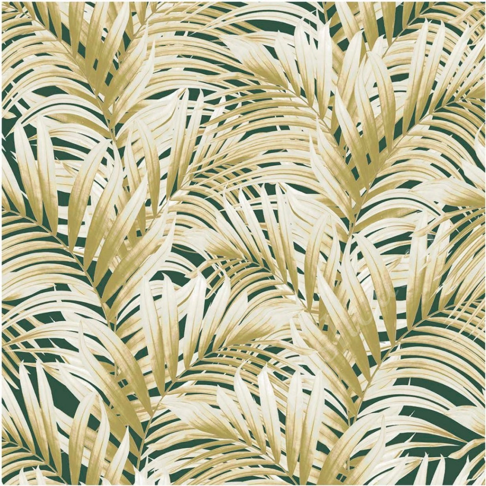 Портьерная ткань рогожка RAINFOREST пальмовые листья бежево-зеленого цвета (раппорт 64х67см)