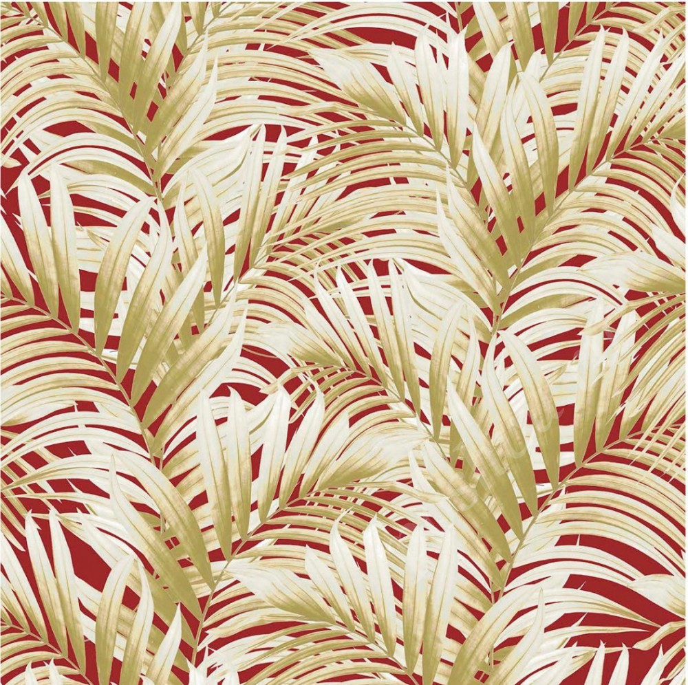 Портьерная ткань рогожка RAINFOREST пальмовые листья бежевого цвета на красном фоне (раппорт 64х67см)