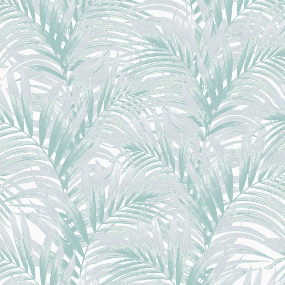 Портьерная ткань рогожка RAINFOREST пальмовые листья мятно-серого цвета (раппорт 64х67см)