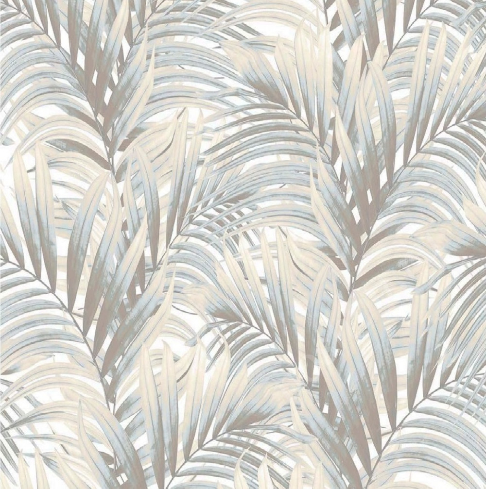 Портьерная ткань рогожка RAINFOREST пальмовые листья серо-бежевого цвета (раппорт 64х67см)