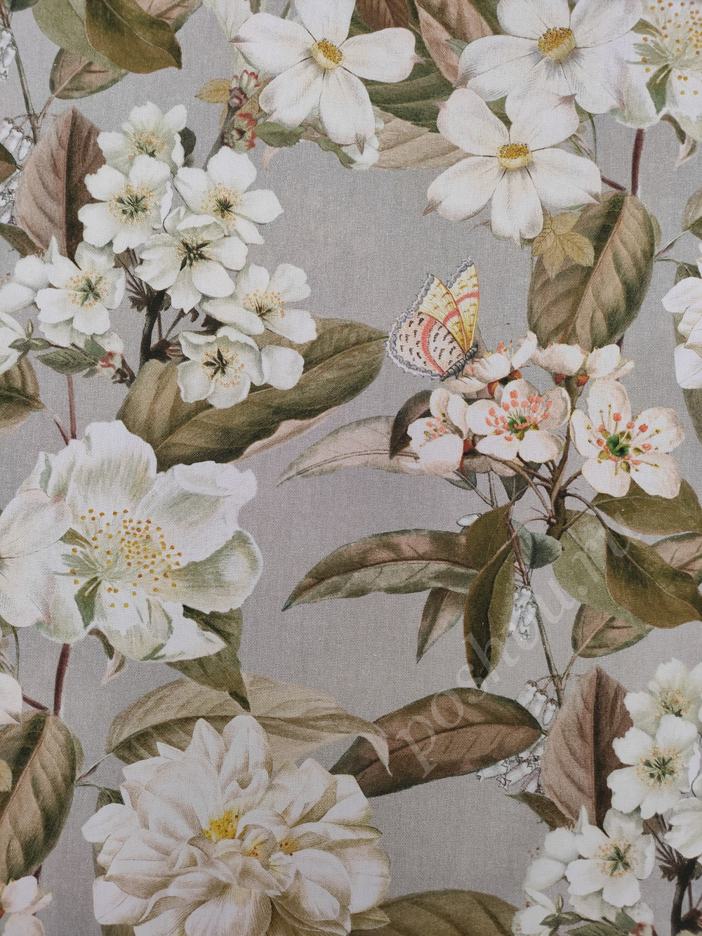 Портьерная ткань рогожка ROMANTIQUE белые цветы на темно-бежевом фоне (раппорт 58х58см)