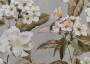 Портьерная ткань рогожка ROMANTIQUE белые цветы на темно-бежевом фоне (раппорт 58х58см)