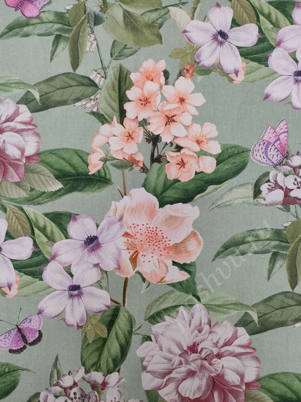 Портьерная ткань рогожка ROMANTIQUE лилово-розовые цветы на светло-зеленом фоне (раппорт 58х58см)