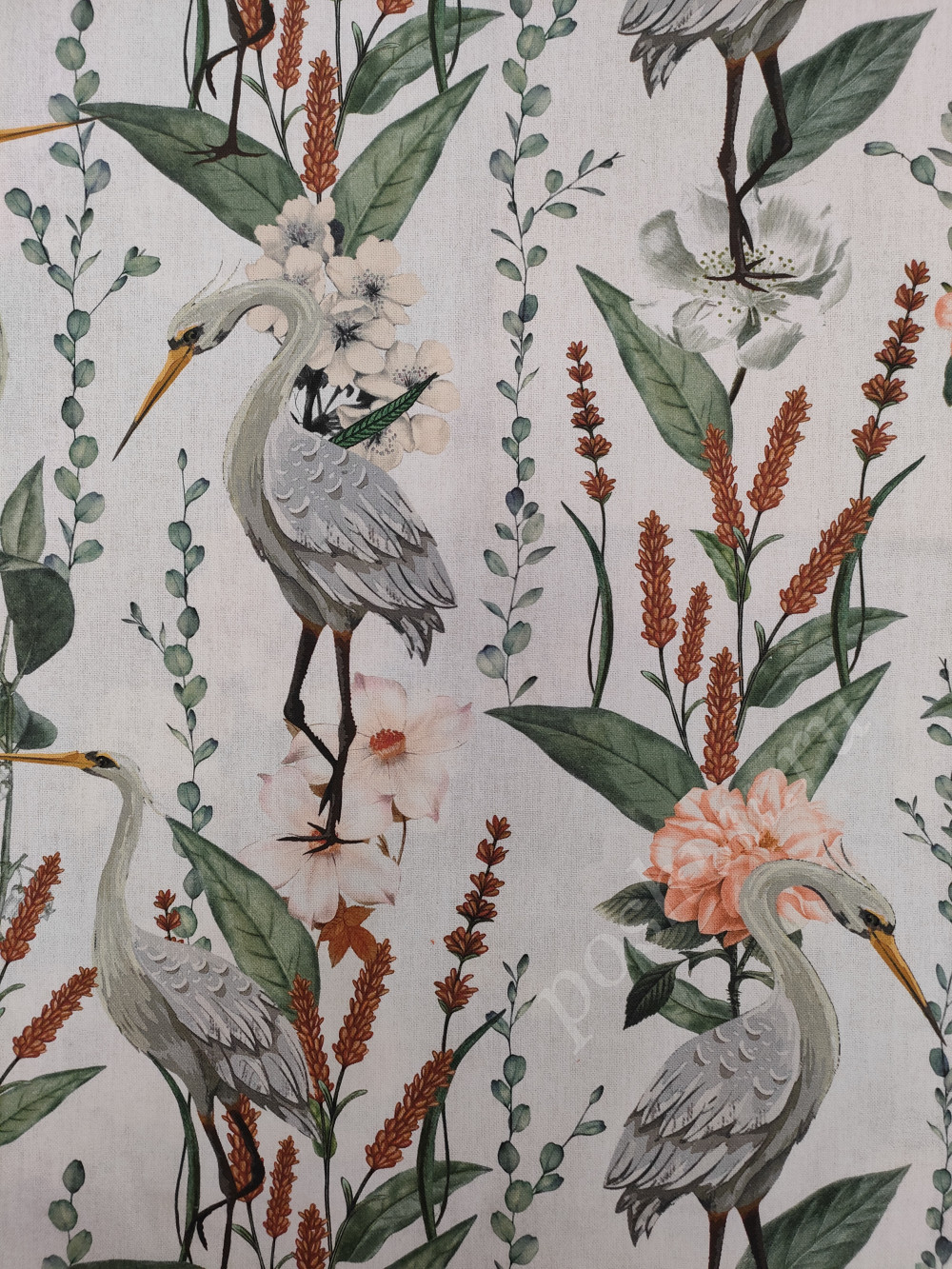 Портьерная ткань рогожка SAN растения с птицами на бежевом фоне в японском стиле (раппорт 57х57см)