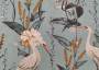 Портьерная ткань рогожка SAN растения с птицами на светло-голубом фоне в японском стиле (раппорт 57х57см)
