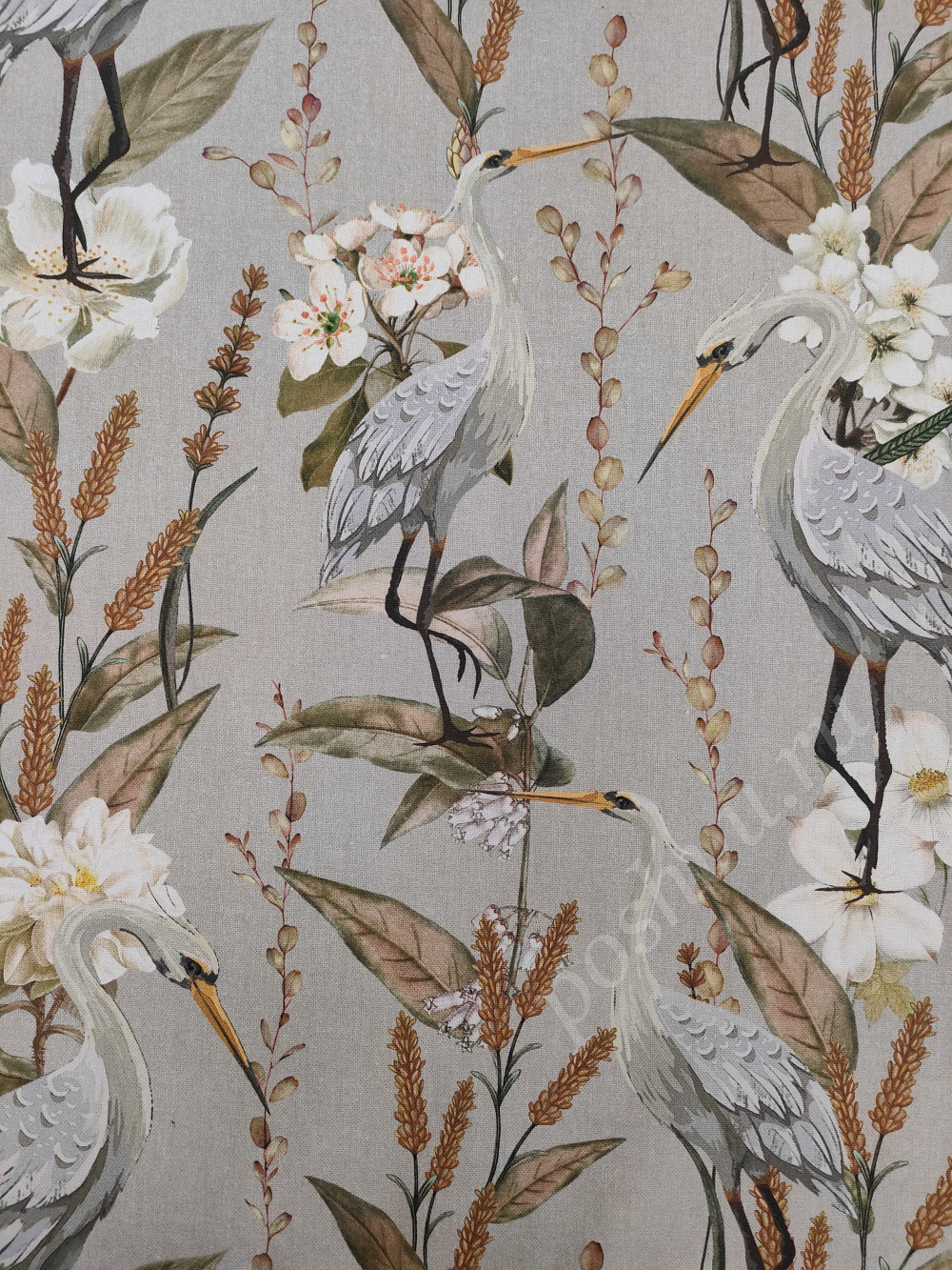 Портьерная ткань рогожка SAN растения с птицами на темно-бежевом фоне в японском стиле (раппорт 57х57см)