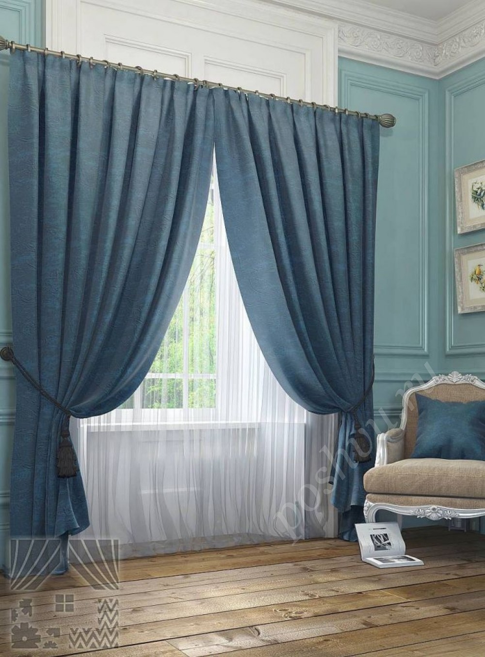 Фактурный комплект готовых штор синего цвета и тюлем для спальни и гостиной