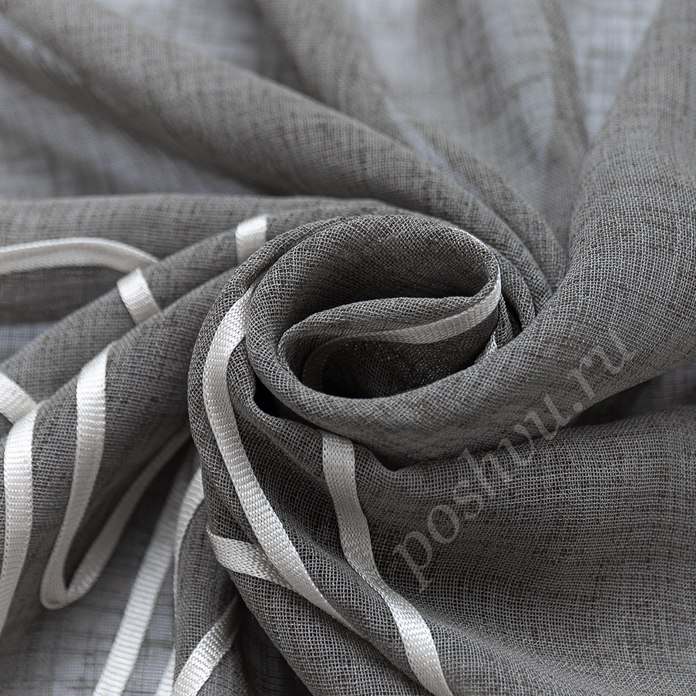 Ткань для штор под лен SANTE серого цвета с абстрактной аппликацией, с утяжелителем выс.290см