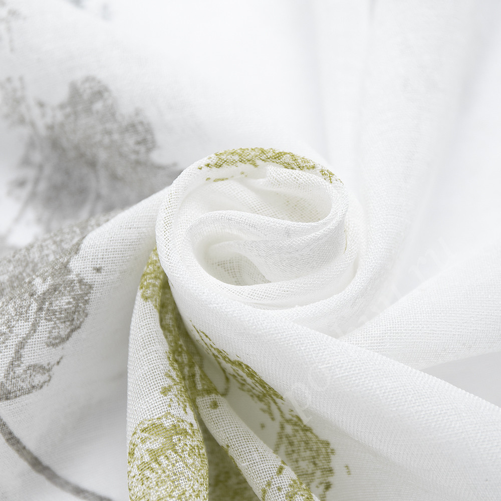 Ткань для штор под лен TERRA серые и оливковые листья на белом фоне, с утяжелителем выс.320см