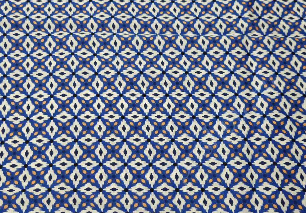 Штапель принтованный, орнамент геометрия цвет синий/белый