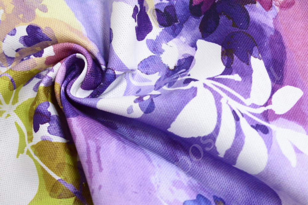 Ткань для штор портьерная бело-голубого оттенка в яркие цветы