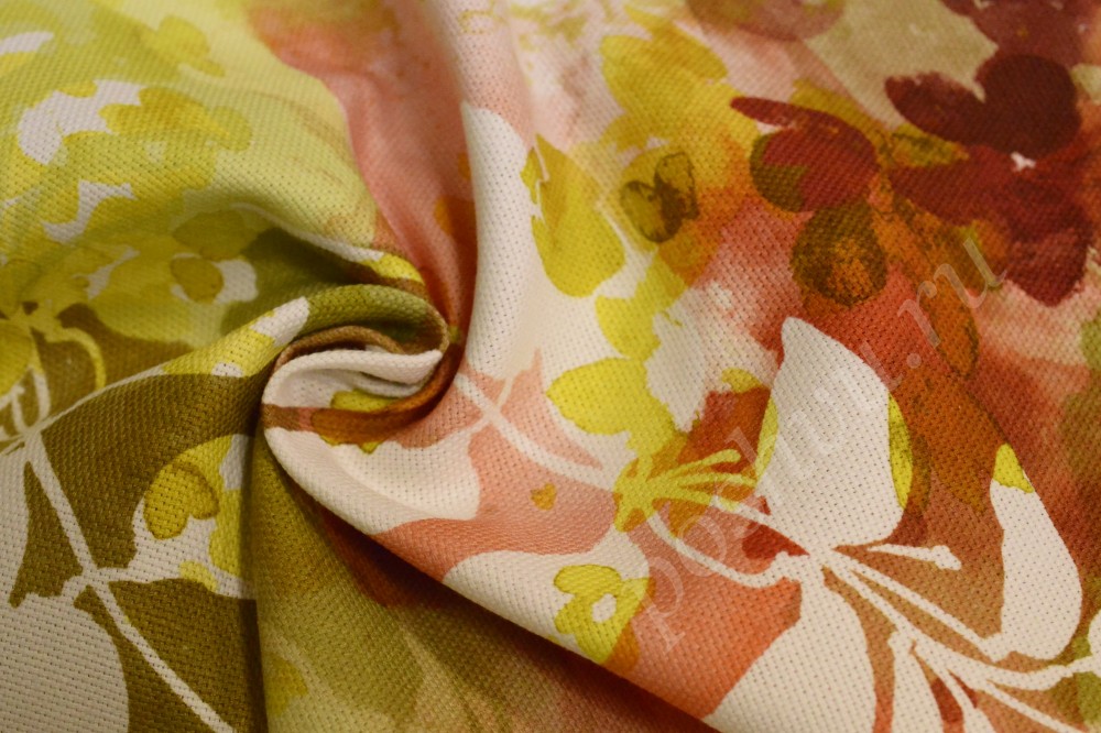 Ткань для штор портьерная бежевого оттенка с лиственным рисунком