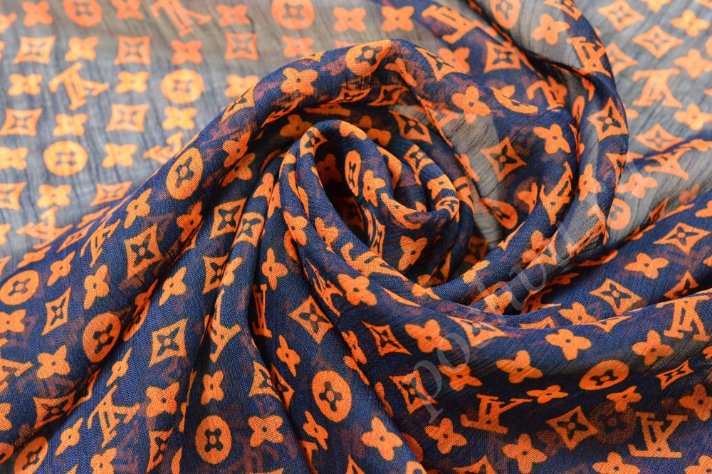 Ткань шифон набивной темно-синего оттенка в оранжевый рисунок