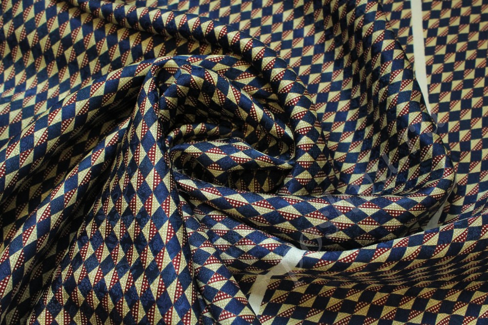 Ткань шелк в клетчатый узор синего, бордового и бежевого цвета