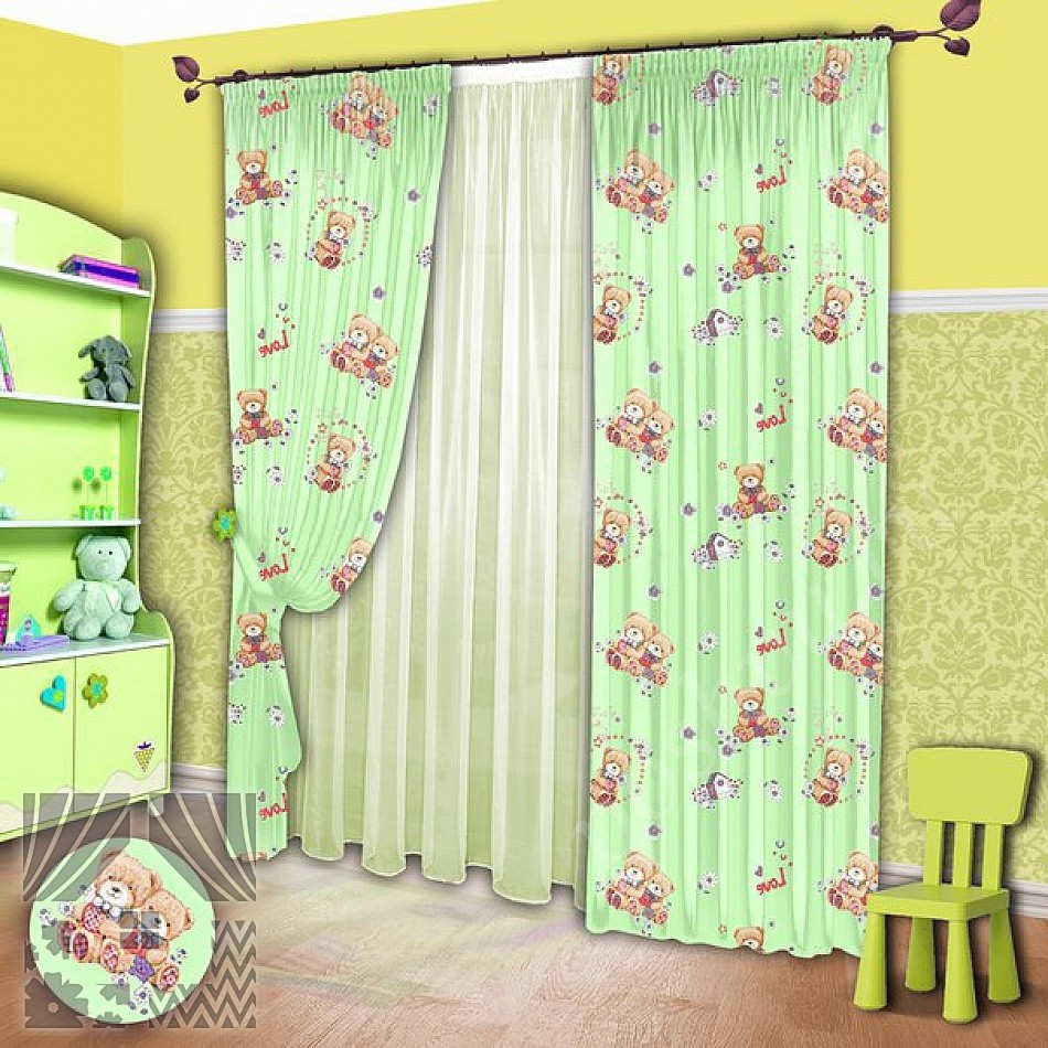 Нежный комплект штор салатового цвета для детской комнаты с тюлем в комплекте