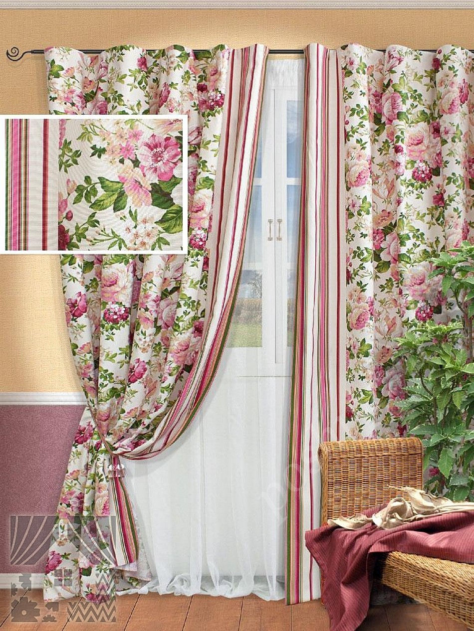 Романтический комплект штор в стиле прованс с флористическим принтом и тюлем в комплекте