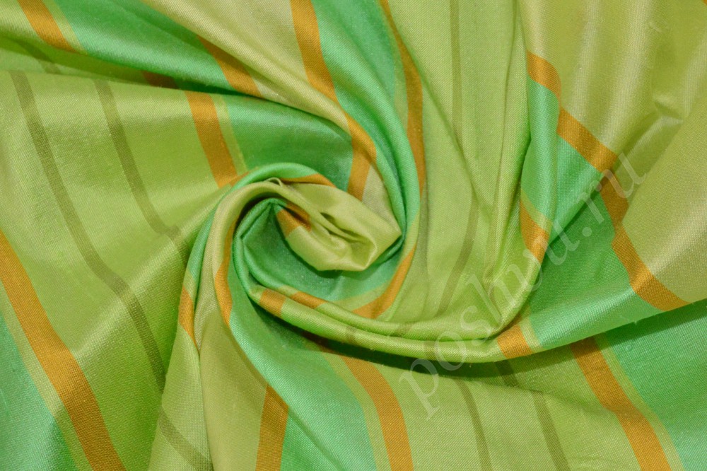 Яркая шёлковая ткань в красивую полоску всех оттенков зелёного с примесью оранжевого