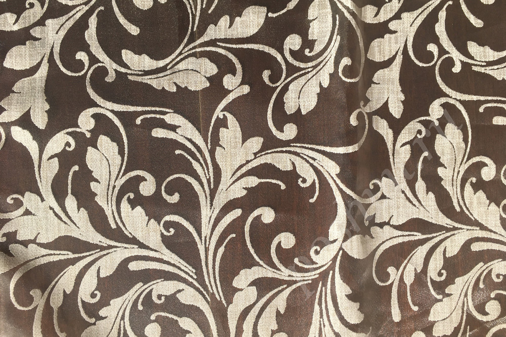 Ткань органза DEVORE бежевый флористический узор на коричневом фоне