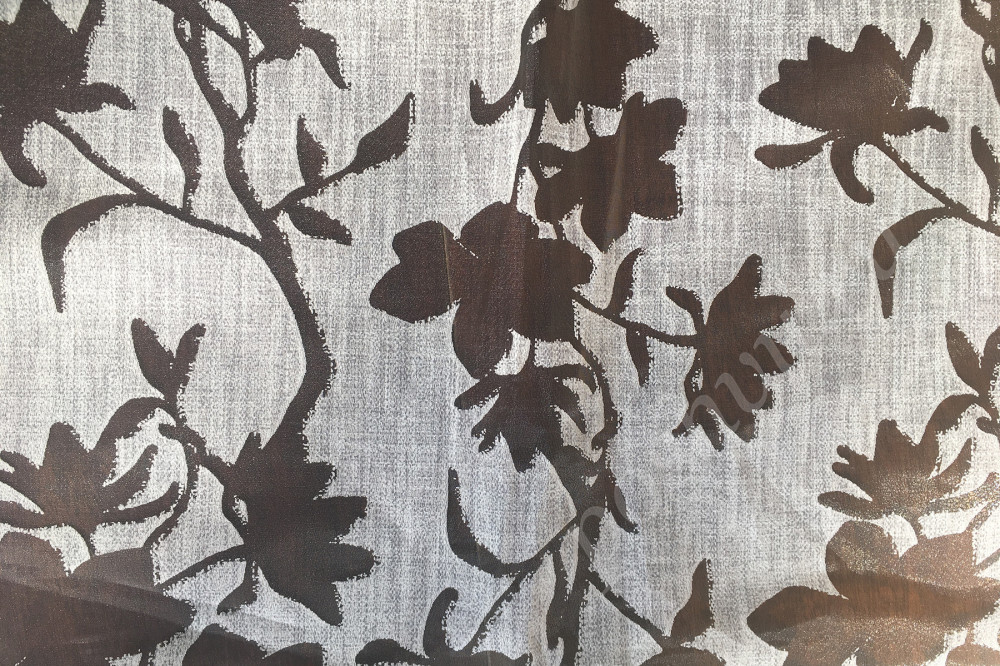 Ткань органза DEVORE коричневые листья на сером фоне