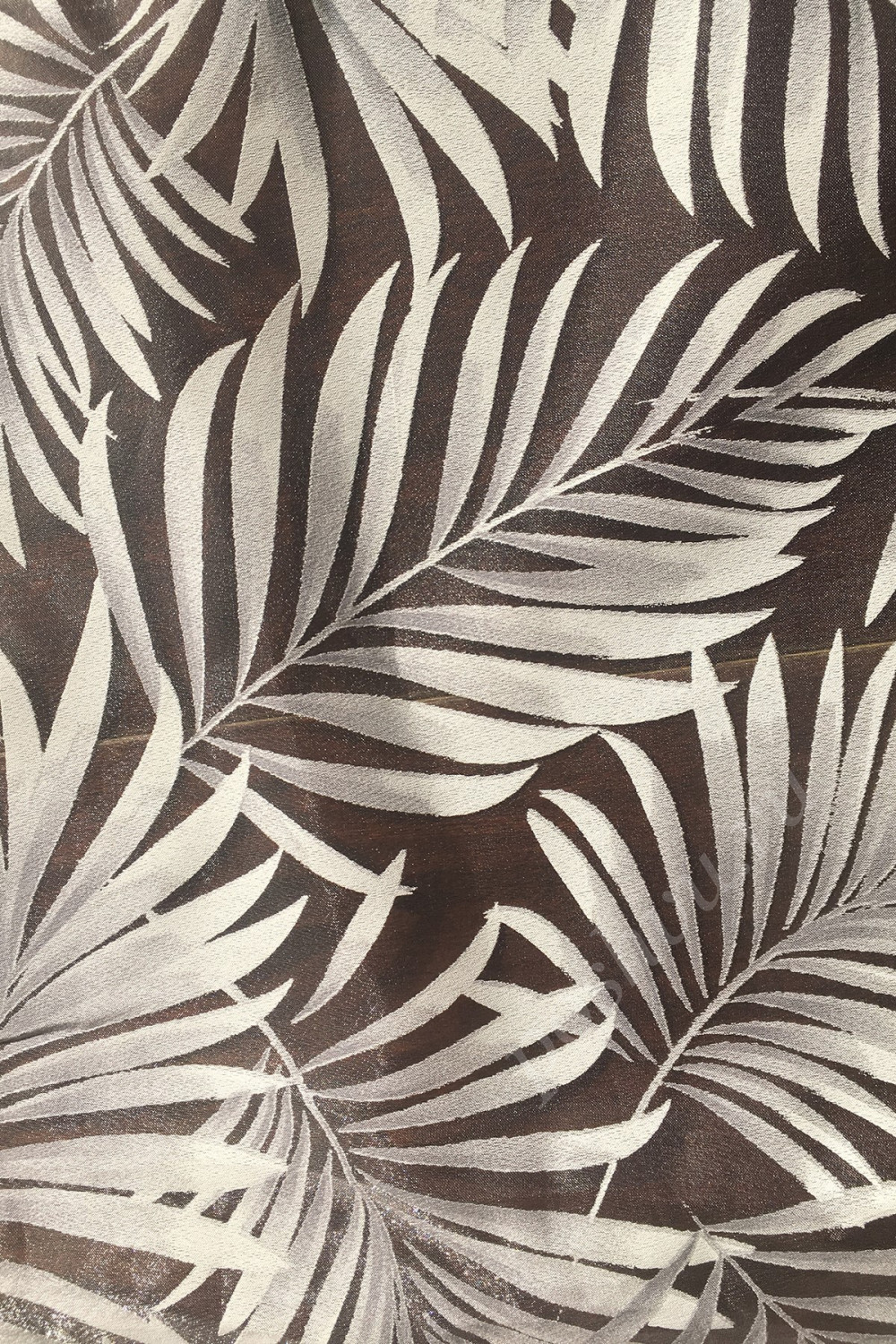 Ткань органза DEVORE серые листья папоротника на коричневом фоне