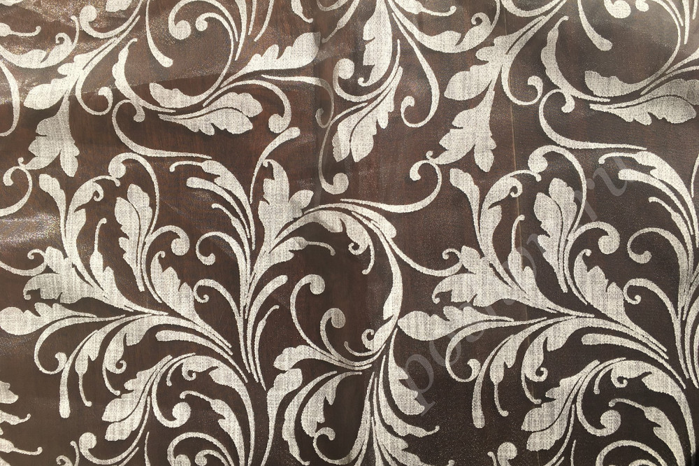Ткань органза DEVORE серый флористический узор на коричневом фоне