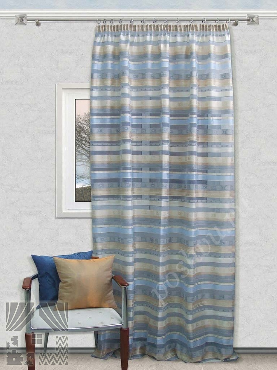 Красивый тюль в горизонтальную полоску бежевого и синего цветов с мелким рисунком для гостиной или спальни