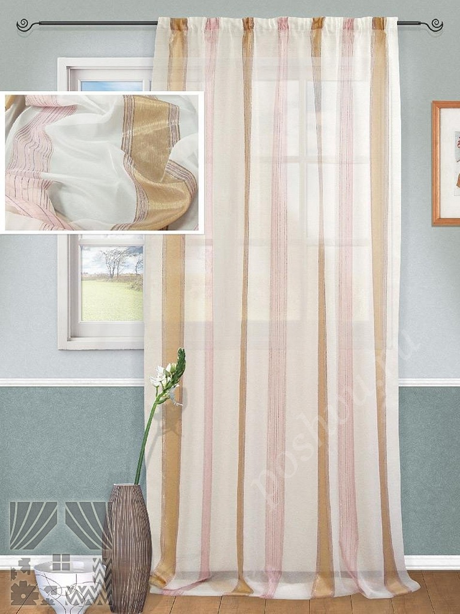 Красивый тюль в вертикальную полоску розового и коричневого цветов с люрексом для гостиной или спальни