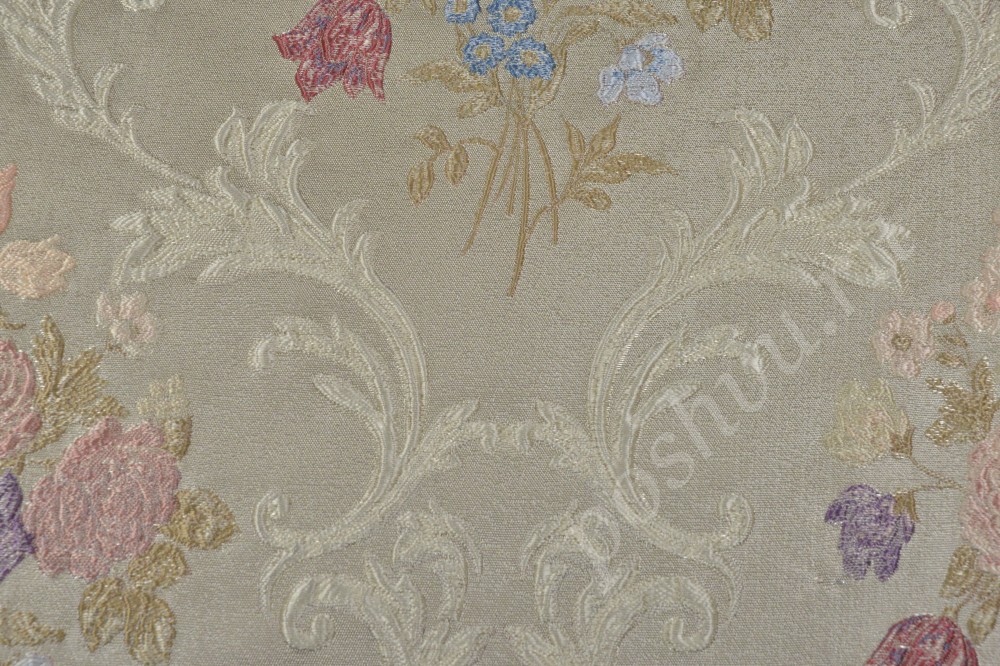 Ткань для мебели жаккард бежевого цвета с флористическим узором